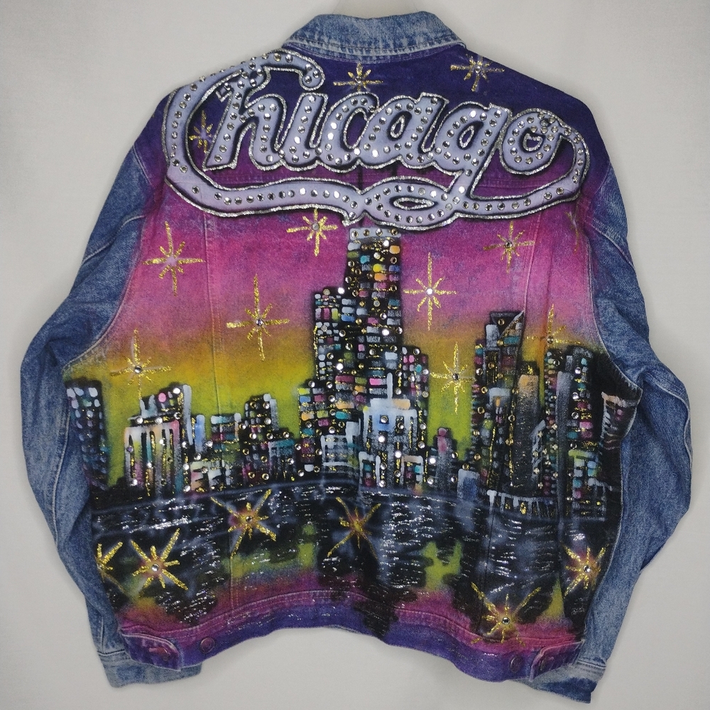 Vintage XL Hand Painted Embellished Chicago Tony Alamo Inspired Denim Jacket 80s